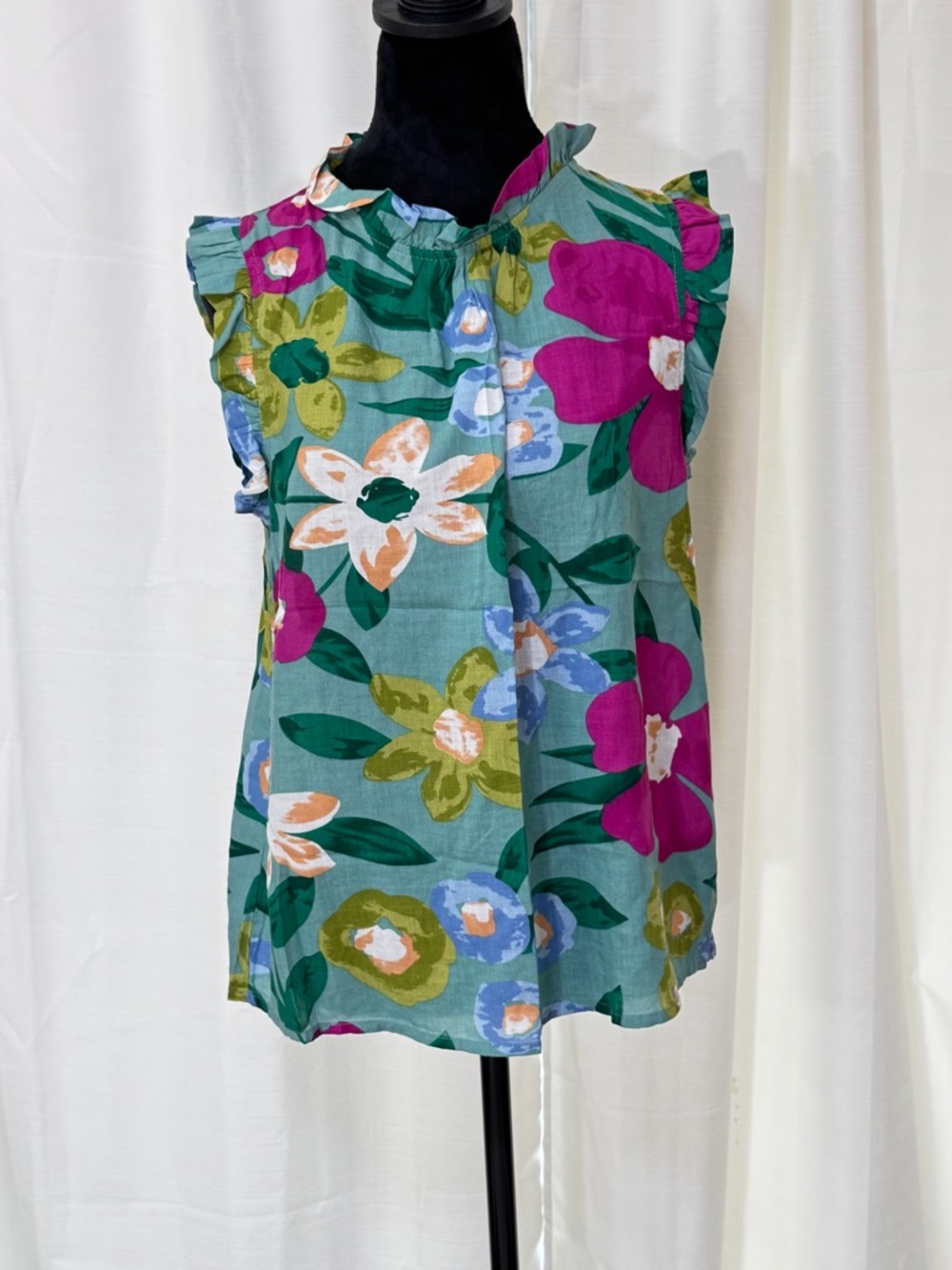 THML Darling Teal & Pink Floral Ruffle-Neck Sleeveless Top, SZ Med